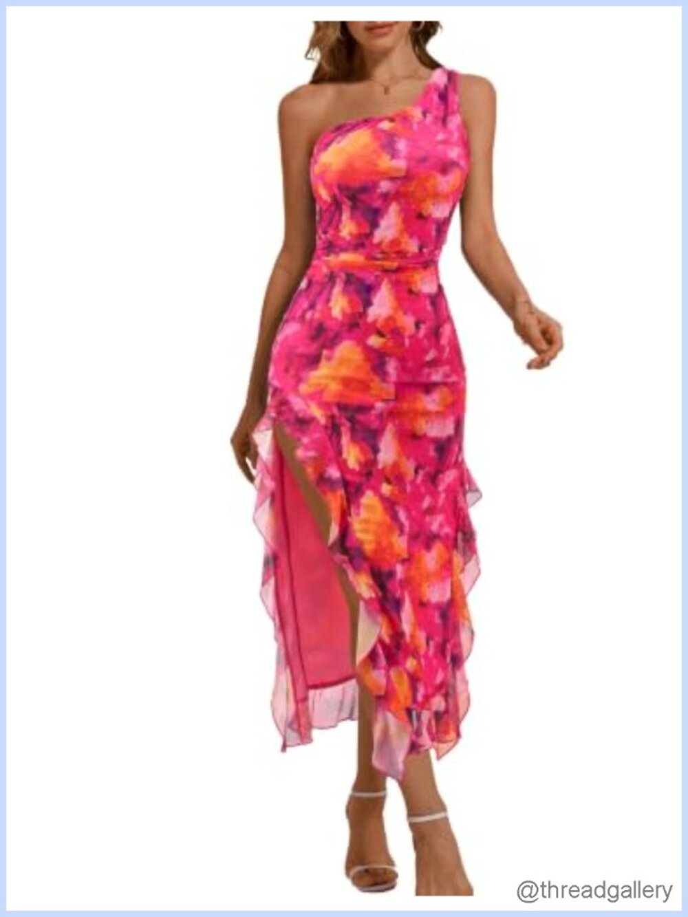 Women's One Shoulder Mesh Ruched Bodycon Maxi Dress Ruffle Slit
